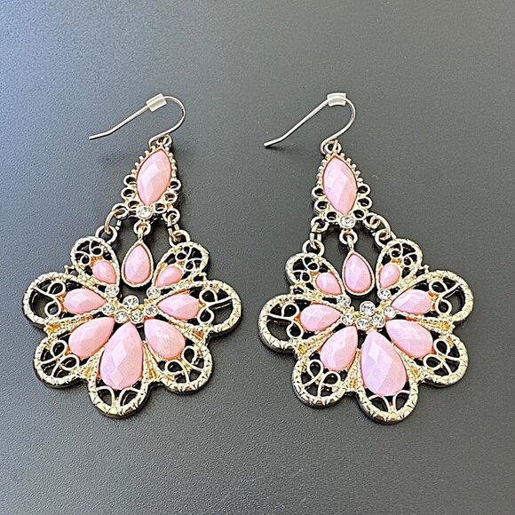 Pink & Gold Filigree Teardrop Dangle Earrings With Rhinestones - Picture 1 of 2